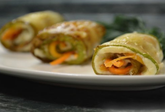 Zucchini Rolls with Egg “cream” and Korean Carrots