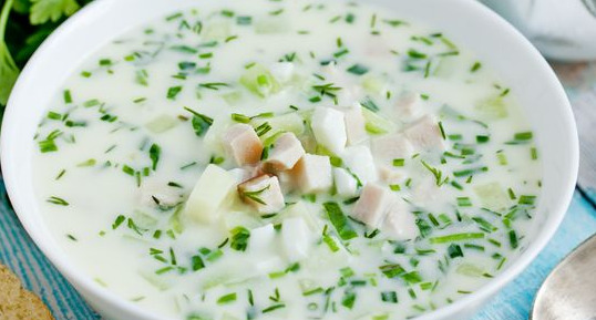 Okroshka with Sour Cream, with Smoked Chicken