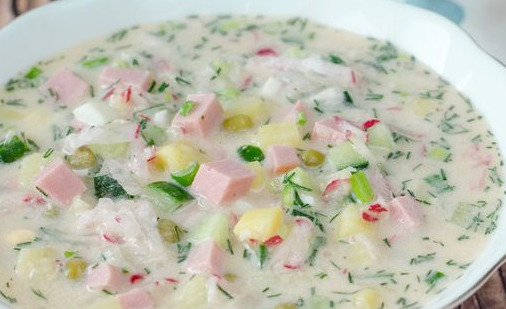 Okroshka on Kvass, with Sausage, Cucumbers and Radish