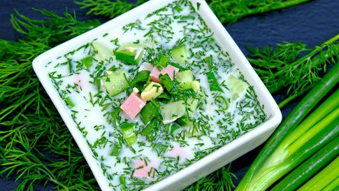 Okroshka on Broth, with Sausage and Chicken Fillet