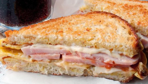 Sandwich with Omelette, Cheese, Ham and Pickled Cucumber