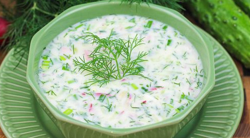 Okroshka on Ayran, with Sausage, Cucumbers and Radish