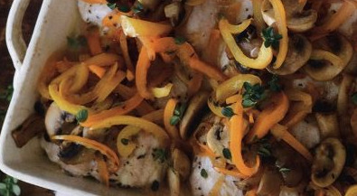 Fish Baked with Mushrooms and Vegetables in the Oven