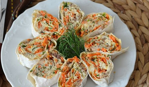 Lavash Rolls with Canned Fish, Cheese and Korean Carrots