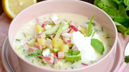 Okroshka on Kvass, with Pork, Sausage and Basil