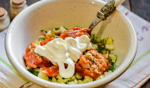 Okroshka on Kvass, with Sprat in Tomato Sauce and Sausage step 9