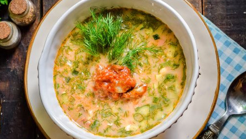 Okroshka on Kvass, with Sprat in Tomato Sauce and Sausage