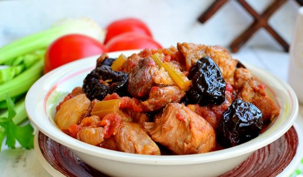 Pork Stewed with Prunes and Celery in Tomato-Wine Sauce