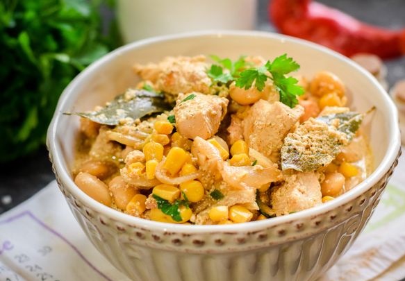 Chicken Fillet Stewed with Corn and Beans, in Cream