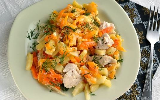 Casserole with Chicken, Potatoes, Pumpkin and Carrots