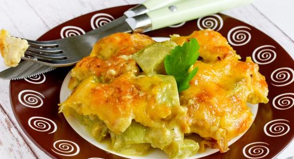 Chicken Fillet, Baked with Zucchini, in Soy-Sour Cream Sauce