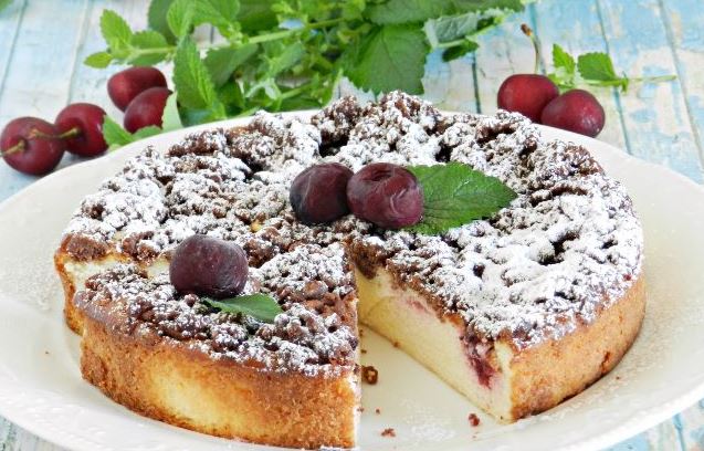 Cottage Cheese Casserole with Cherries and Sand Crumbs