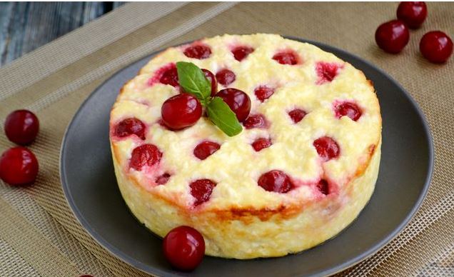 Cottage Cheese Casserole with Semolina and Cherries