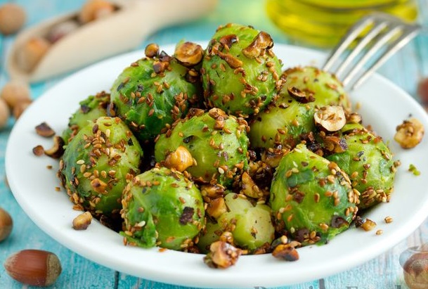 Roasted Brussels Sprouts with Nuts and Sesame Seeds