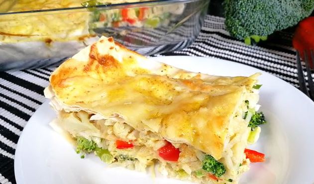 Lavash Casserole with Rice, Cauliflower, Broccoli and Bell Pepper