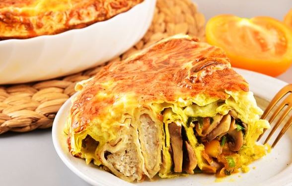 Pie “Snail” from Lavash with Minced Meat, Mushrooms, Tomatoes and Cheese