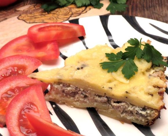 Potato Casserole with Minced Meat, Mushrooms and Cheese
