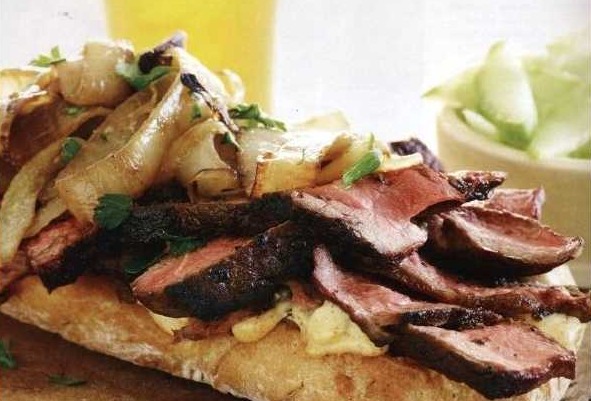 Ciabatta Sandwich With Meat and Onions