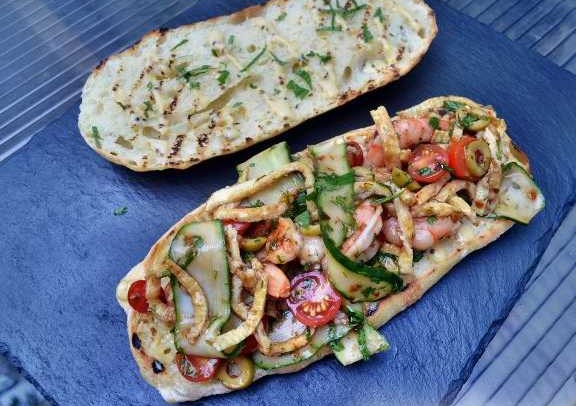Sandwich In a Baguette with Shrimps and Vegetables