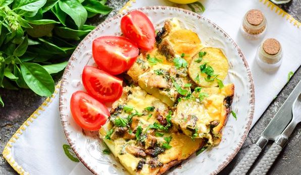 Young Potatoes, Baked with Mushrooms, in Sour Cream and Egg Filling