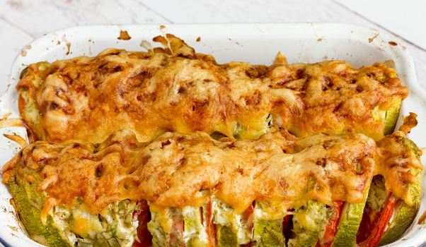 Zucchini Baked with Tomatoes, Sour Cream Sauce and Cheese