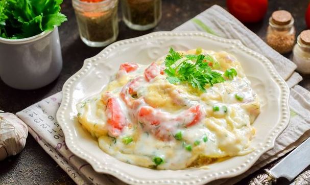 Zucchini Baked with Young Potatoes and Tomatoes in Béchamel Sauce