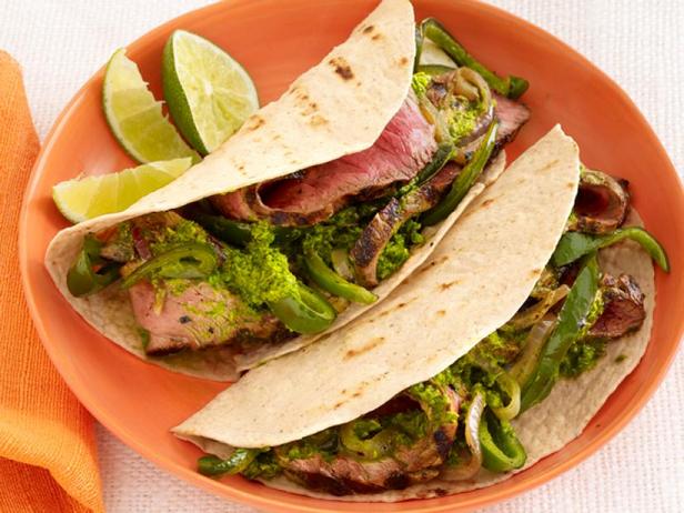 Fajitas with Steak, Chimichurri Sauce and Hoppy Peppers
