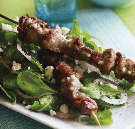 Lamb Kebabs with Green Salad and Cheese