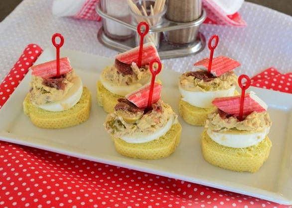 Pinchos with Stuffed Eggs, Crab Sticks, and Anchovies