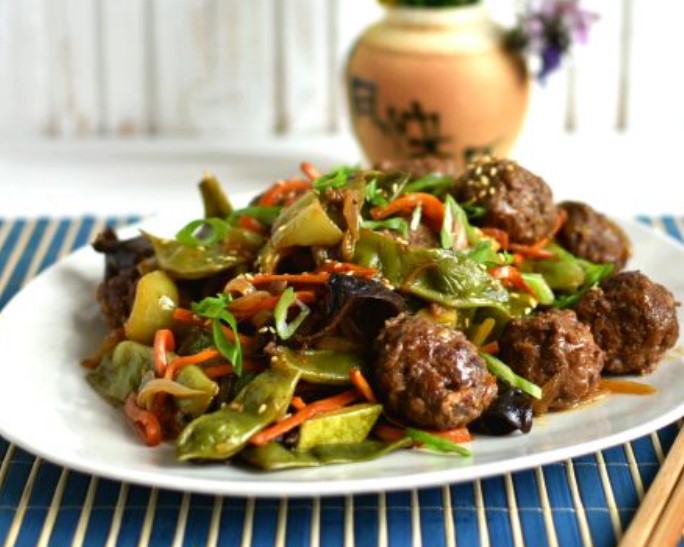Chinese Meatballs with Vegetables in Sweet and Sour Sauce
