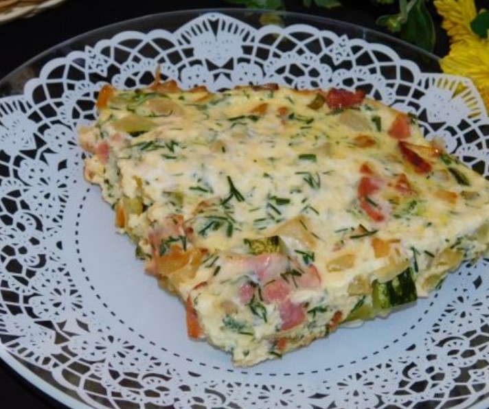 Fried Zucchini with Bacon in an Omelette