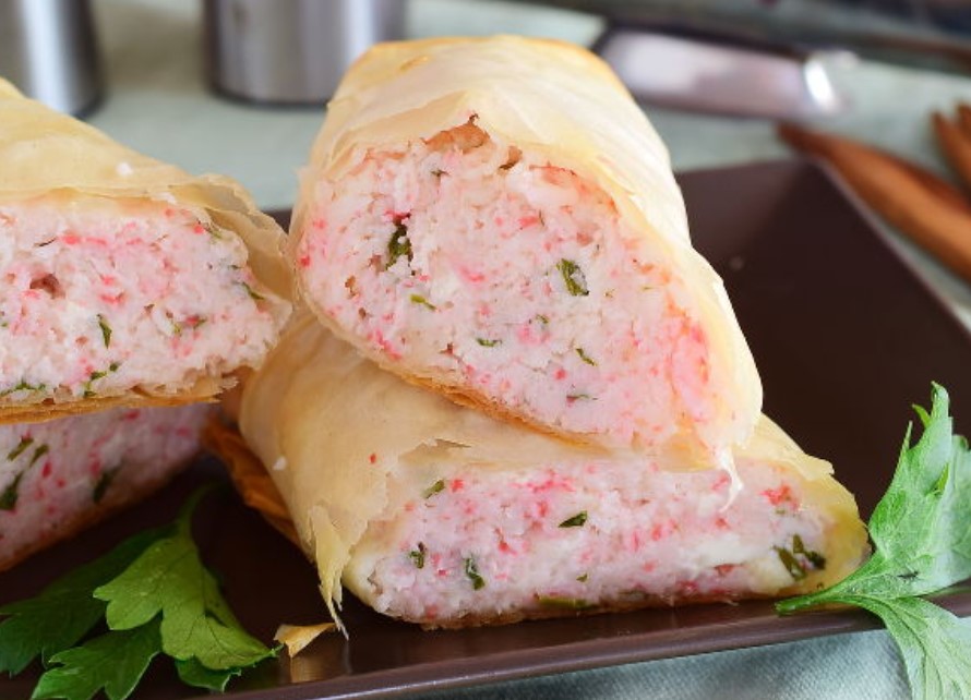 Filo Dough Rolls with Crab Sticks and Cheese