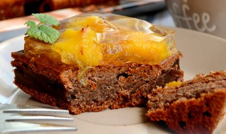 Chocolate Curd Cake with Canned Peaches and Jelly