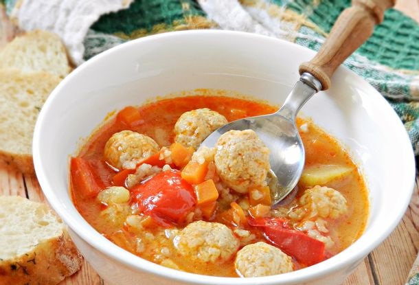 Stew Soup with Meatballs, Rice and Vegetables