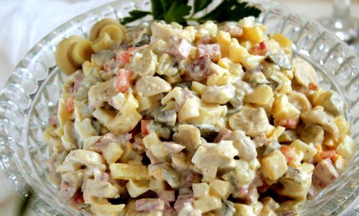 Salad with Potatoes, Sausage, Pickled Champignons and Pickles