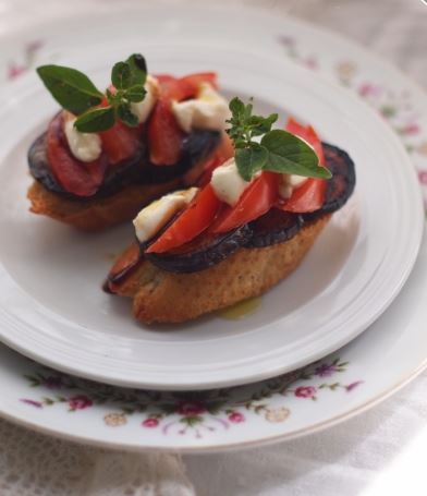 Bruschetta with Fried Eggplant, Tomatoes and Mozzarella