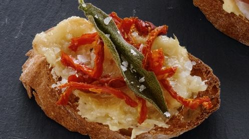 Bruschetta with Garlic Paste, Dried Tomatoes and Sage