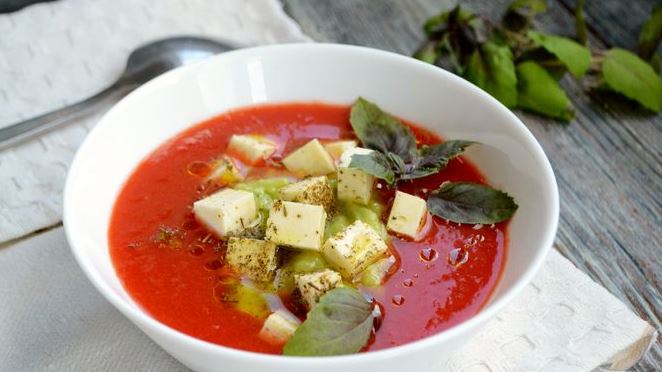 Cold Vegetable Smoothie Soup with Feta Cheese