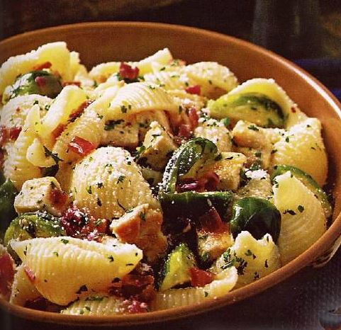 Seashell Pasta with Chicken and Brussels Sprouts.