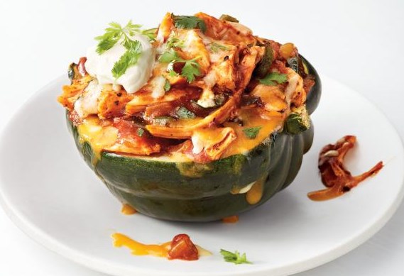 Baked Pumpkin Stuffed with Chicken in Enchilada Sauce