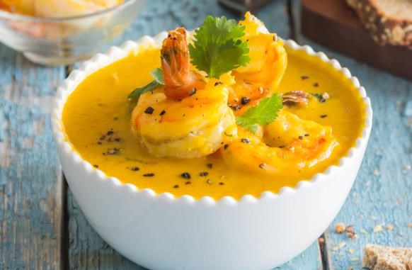 Pumpkin Soup with Shrimps and Coconut Milk
