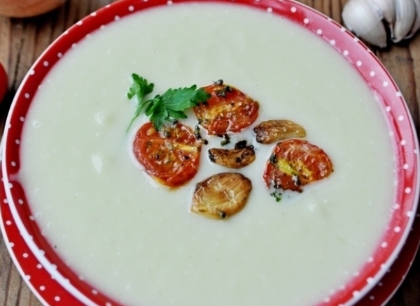 Creamy Zucchini Soup with Baked Cherry Tomatoes and Garlic
