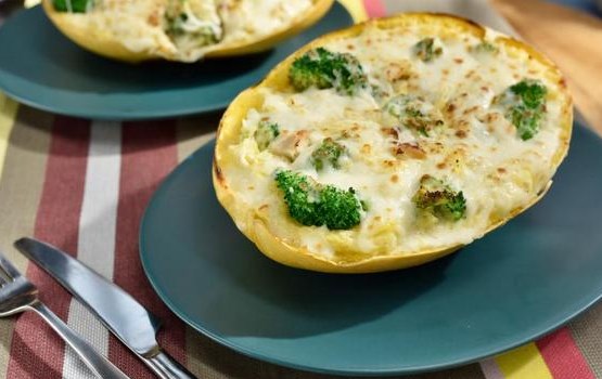 Yellow Squash Stuffed with Chicken, Broccoli, and Cheese