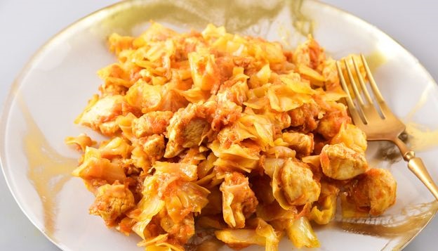Cabbage Stewed with Chicken Fillet, in Tomato Sauce