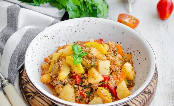 Stew with Minced Meat, Eggplant, Potatoes and Zucchini
