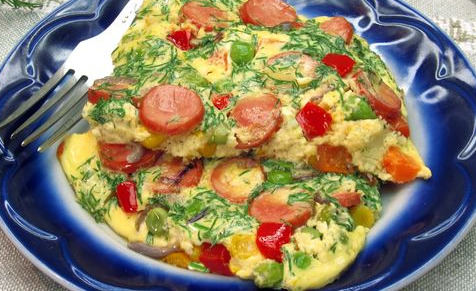 Omelet on Fermented Baked Milk, with Sausages and Vegetables