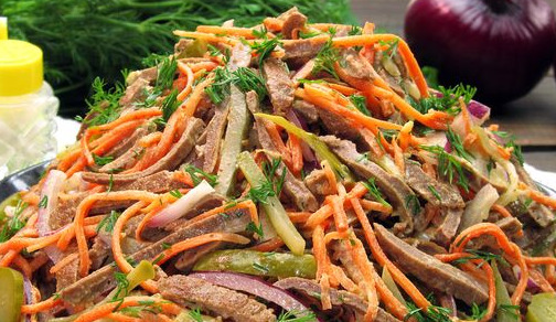 Salad with Liver Pancakes, Korean Carrots and Pickled Cucumbers