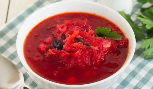 Borsch with Prunes and Pickled Tomatoes