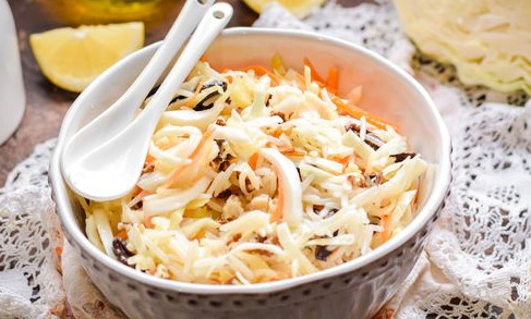 Salad with Cabbage, Rice, Carrots, Prunes and Nuts