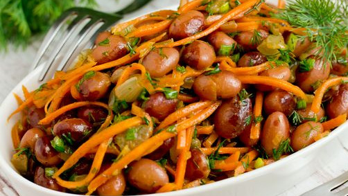 Beans Salad with Korean-Style Carrots, Fried Onions and Herbs